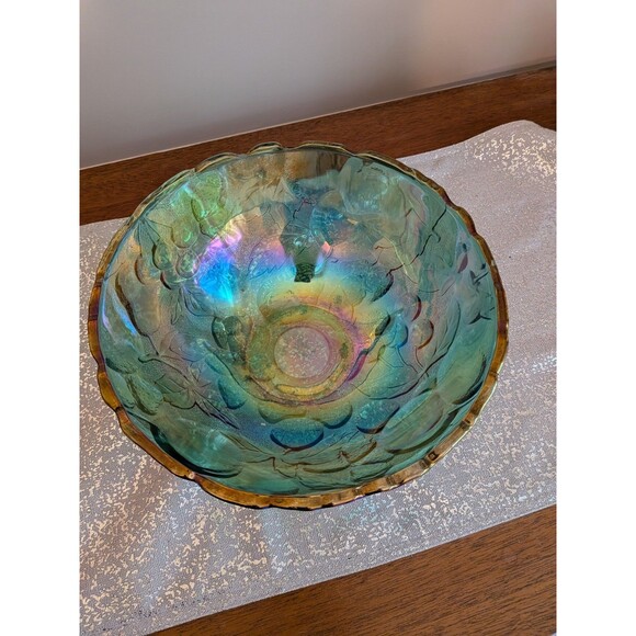Indiana Carnival Glass Madeira Round Raised Fruit/Punch Bowl Iridescent Teal VTG - Picture 8 of 12